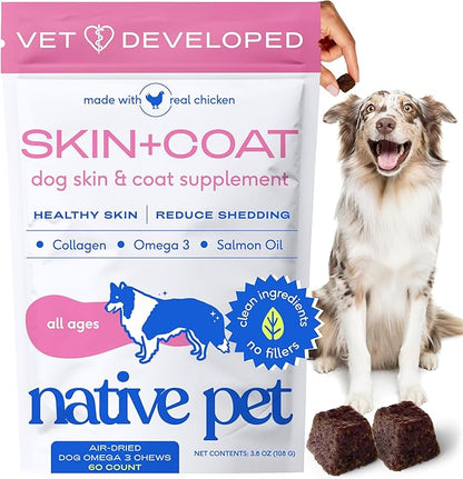 Native Pet Omega Skin and Coat Chews for Dogs - Dog Skin and Coat Supplement for Healthy, Shiny Fur, Reduce Shedding and Dry Spots - Made with Omega 3 Fish Oil and Wild-Caught Salmon Oil - 60 Chews