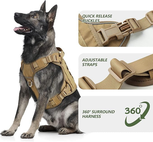 WINGOIN Tactical Dog Harness for Large Dogs, Heavy Duty No Pull Dog Harness with Handle, Adjustable Reflective Military K9 Big Pet Vest for Husky, Doberman, Walking, Training, Hunting, Khaki (XL)