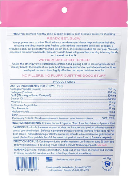 Native Pet Omega Skin and Coat Chews for Dogs - Dog Skin and Coat Supplement for Healthy, Shiny Fur, Reduce Shedding and Dry Spots - Made with Omega 3 Fish Oil and Wild-Caught Salmon Oil - 60 Chews