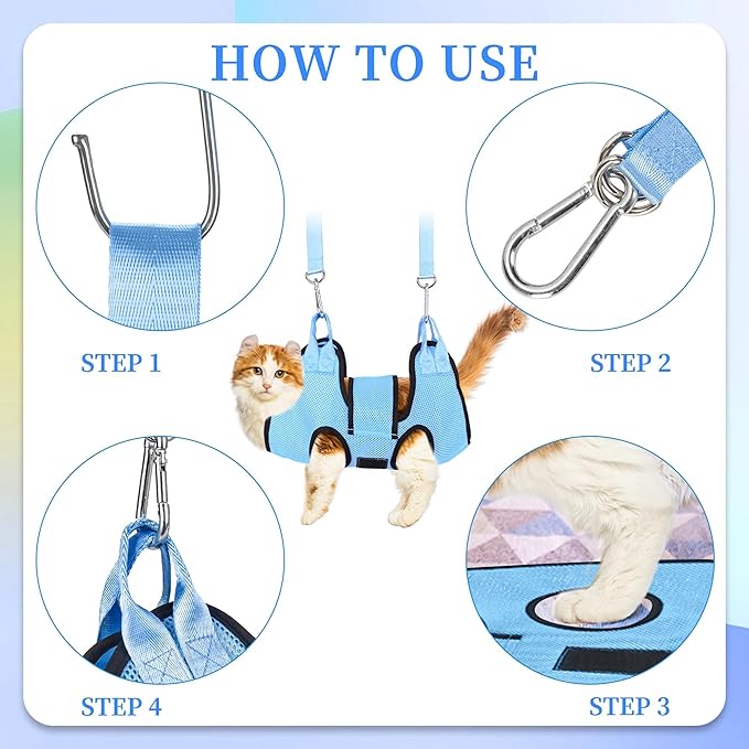 PatiencET Cat Grooming Hammock for Nail Trimming Pet Hammock for Small Dogs with Security Strap Dog Sling for Nail Clipping with Clippers Nail File and Pet Comb (Cerulean XS)