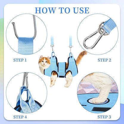 PatiencET Cat Grooming Hammock for Nail Trimming Pet Hammock for Small Dogs with Security Strap Dog Sling for Nail Clipping with Clippers Nail File and Pet Comb (Cerulean XS)