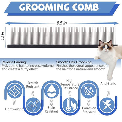 8.5 Inch Upgrade Black Professional Cat Comb,Dual-Tooth Pet Grooming Comb Anti-Static Smooth Rounded Corners Prevent Friction Breakage and Irritation,Removing Tangles,Knots,Undercoat and Excess Hair