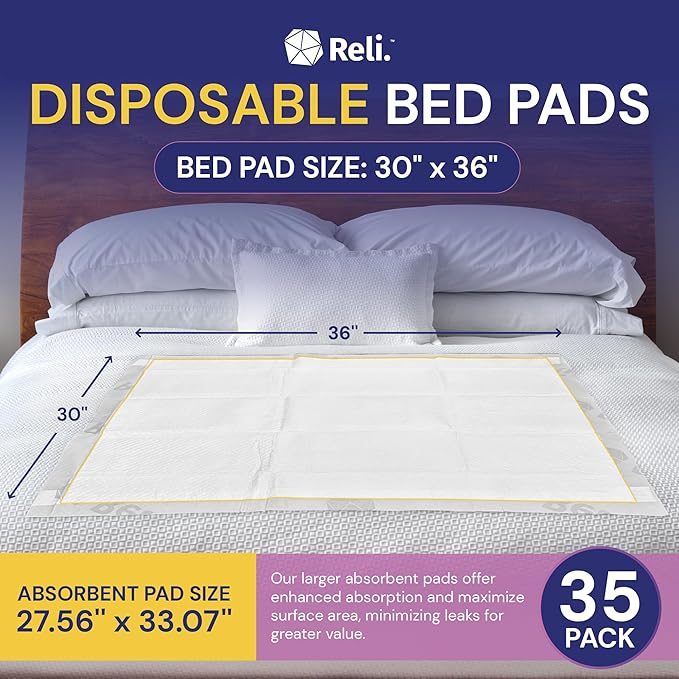 Reli. Disposable Bed Pads (35 Pack) | 30" x 36" | XL Bed Pads Disposable Adult Incontinence Sheets w/ Non-Slip Adhesives | Absorbent Peepads for Adults, Seniors, Puppy