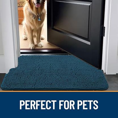 OLANLY Dog Door Mat for Muddy Paws 36x24, Absorbs Moisture and Dirt, Absorbent Non-Slip Washable Mat, Quick Dry Chenille, Mud Mat for Dogs, Entry Indoor Door Mat for Inside Floor, Atlantic Blue