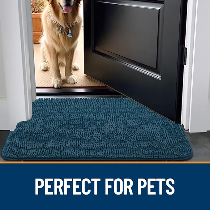 OLANLY Dog Door Mat for Muddy Paws 40x32, Absorbs Moisture and Dirt, Absorbent Non-Slip Washable Mat, Quick Dry Chenille, Mud Mat for Dogs, Entry Indoor Door Mat for Inside Floor, Atlantic Blue