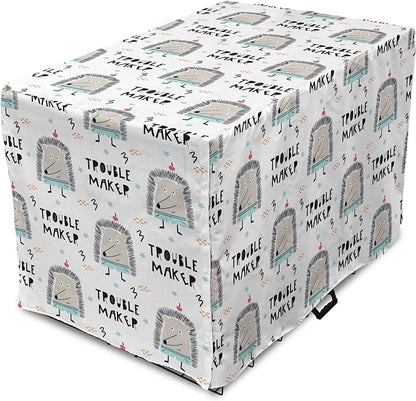 Lunarable Cartoon Dog Crate Cover, Hedgehog Trouble Maker Lettering with Apple and Stars Bad Boy Print, Easy to Use Pet Kennel Cover for Medium Large Dogs, 36 Inch, Pearl Pale Blue