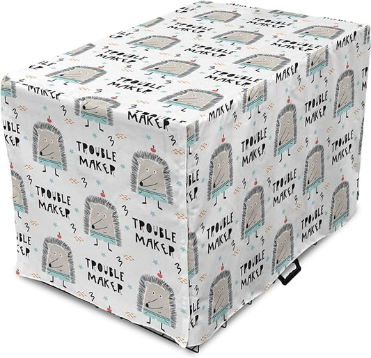 Lunarable Cartoon Dog Crate Cover, Hedgehog Trouble Maker Lettering with Apple and Stars Bad Boy Print, Easy to Use Pet Kennel Cover for Small Dogs Puppies Kittens, 22 Inch, Pearl Pale Blue