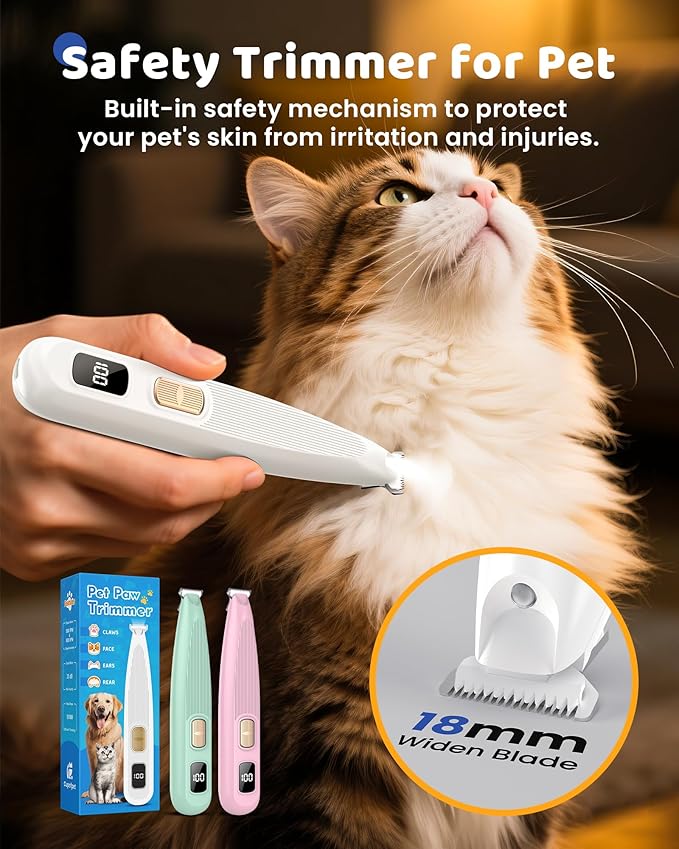 Dog Paw Trimmer with LED Light, 35dB Low Noise Precision Pet Paw Trimmer for Dogs Cats Grooming Clippers, 2 Speed Safety Electric Paw Hair Trimmer for Paws, Ears, Rump, Face, Eyes (Pink)