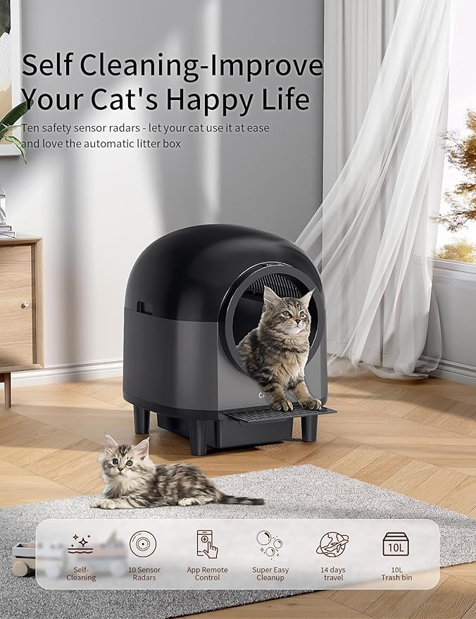 Automatic Cat Litter Box Self Cleaning with 10 Safety Radars,100L Smart Litter Box Used for 14 Days,Electric Litter Boxes with Stairs for Multiple Cats,APP-Control,Advanced Odor Control (Black)