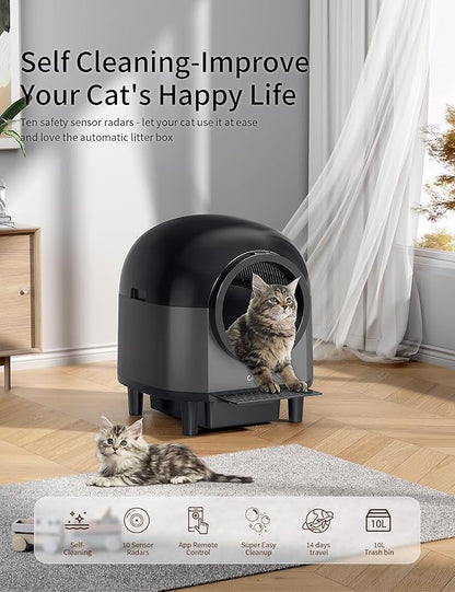 Automatic Cat Litter Box Self Cleaning with 10 Safety Radars,100L Smart Litter Box Used for 14 Days,Electric Litter Boxes with Stairs for Multiple Cats,APP-Control,Advanced Odor Control (Black)