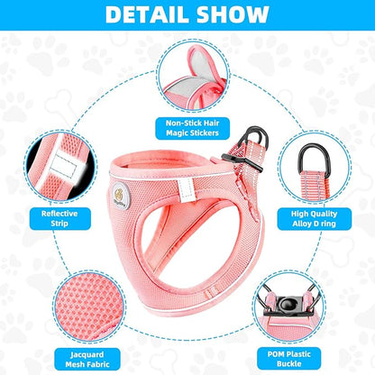 Dog Harness and Leash Set, No Pull Soft Mesh Puppy Harness for Small Medium Dogs, Cats - Step in Reflective Breathable Lightweight Vest Harness for Walking, Training - Pink, XXS