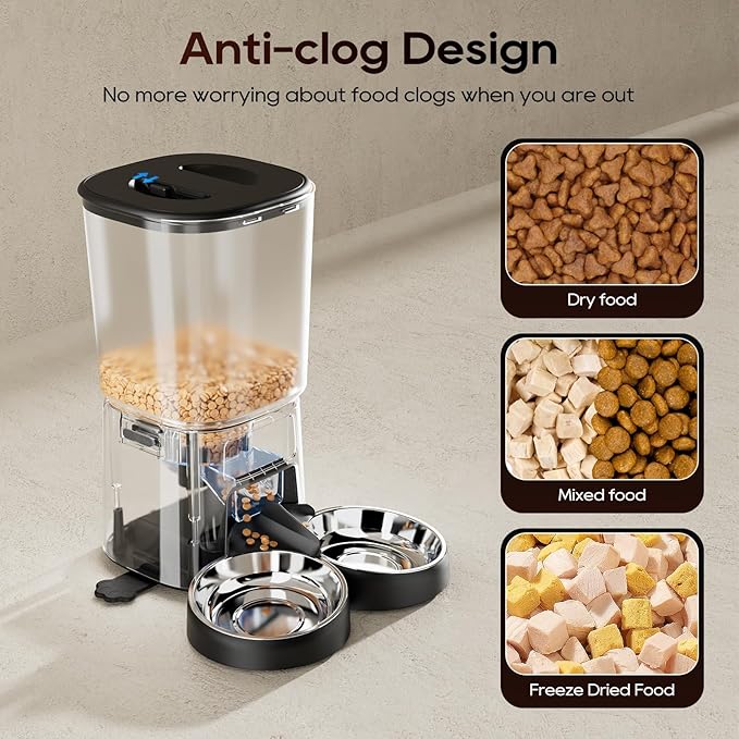 Automatic Cat Feeder for 2 Cats, 6L Timed Cat Dry Food Dispenser Dog Feeder up to 6 Meals & 30 Portions per Day,10S Voice Record,Flexible Schedule Timer Pet Feeder for Small Dogs, Black
