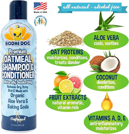 Bodhi Dog Grooming Bundle - Oatmeal Shampoo & Conditioner with Bath Brush - Pet Shower Supplies for Cats & Dogs - Gentle Care for Long, Short & Curly Hair, Safe and Effective, Made in USA
