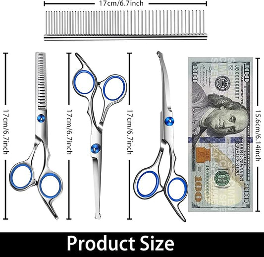 Dog Grooming Scissors with Safety Round Tip,Professional Dog Grooming Kit,Dog Hair Shears Set,Incude Thinning、 Curved、Straight Scissors and Comb. Suitable for The Right Hand