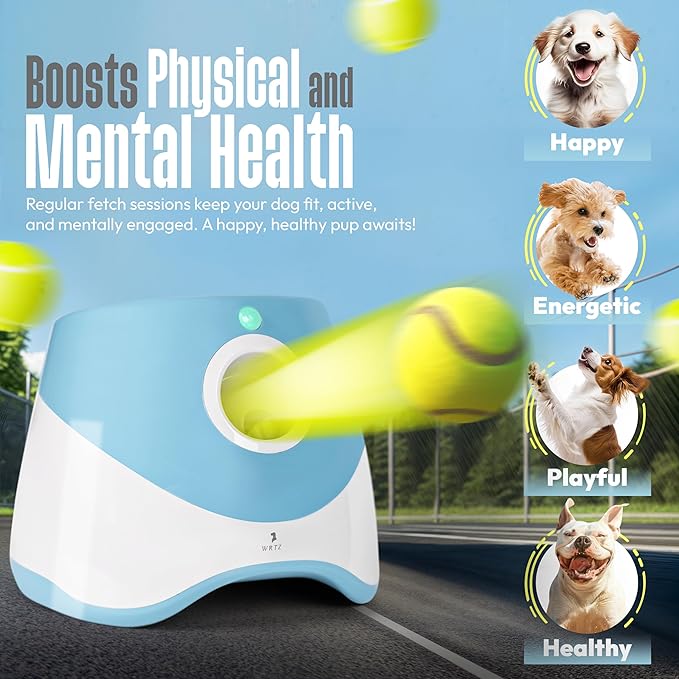 Automatic Dog Ball Launcher for Small Dogs – Dog Ball Thrower for Indoor Outdoor with 3 Adjustable Distance Settings 10ft, 20ft, and 30ft – Interactive Toy with 3 Mini Tennis Balls 2 Inch