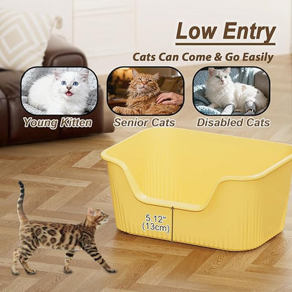 Large Cat Litter Box with High Sides 21.5 * 16.1 * 10.4 inches Big Litter Boxes for Large Cats Easy Clean Open Litter Box, Anti-Splashing&Leak-Proof, Yellow