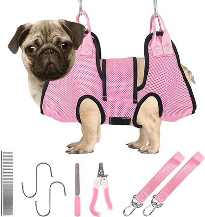 PatiencET Dog Grooming Hammock, Pet Grooming Hammock for Cats & Dogs with Security Strap, Dog Sling for Nail Trimming with Nail Clippers/Trimmer, Nail File, Pet Comb(Pink S)