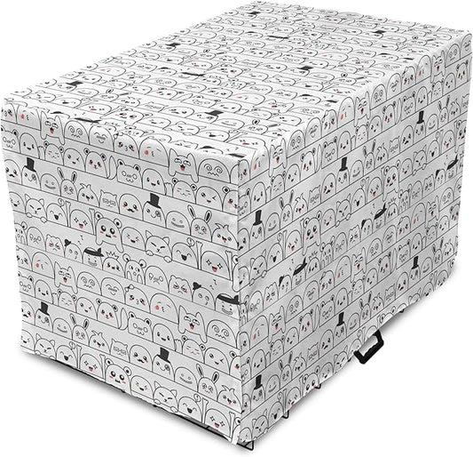 Lunarable Cartoon Dog Crate Cover, Funny Creatures and Monsters Doodle Faces in Manga Style Emotions, Easy to Use Pet Kennel Cover for Cats & Medium Dogs, 30 Inch, Charcoal Grey Coral White