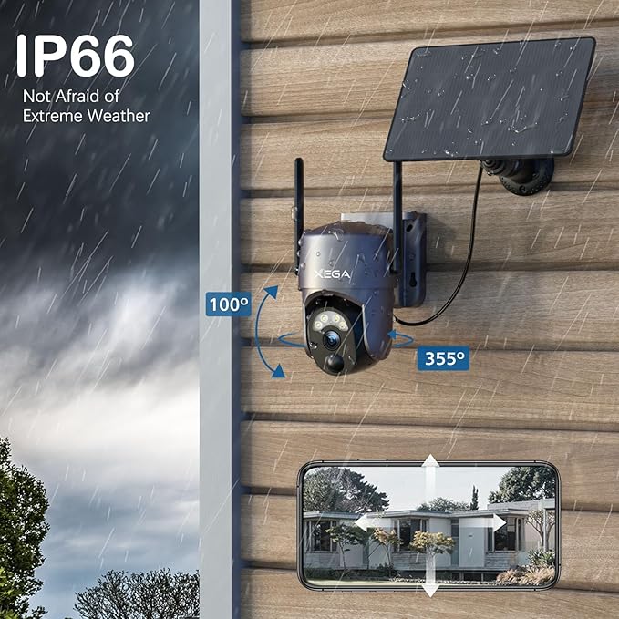 Xega 4 Pack Security Camera Wireless Outdoor 2K 360° PTZ Camera Solar Security Cameras 2.4G WiFi Video Surveillance w/Spotlight & Siren, Color Night Vision, AI Motion Detection, 2-Way Talk, IP66