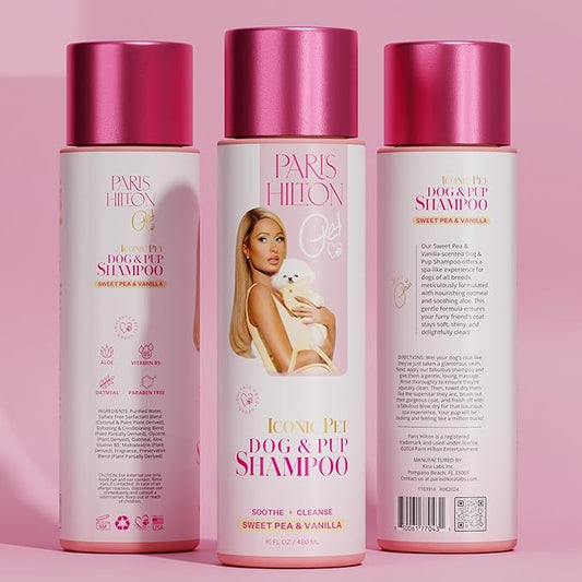 Paris Hilton Dog Shampoo - Sweet Pea & Vanilla Fresh Scent, Sulfate-Free Vegan & Hypoallergenic for All Dog Breeds, with Oatmeal & Aloe for Healthy Coats, Reduced Shed & Show-Ready Grooming 16oz/480ml