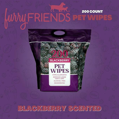 FurryFriends Pet Wipes | BlackBerry | Hypo-allergenic | Alcohol Free| Deodorizing | Removes Loose Hair & Dirt | Incredibly Clean | 200 ct. 1 Pack