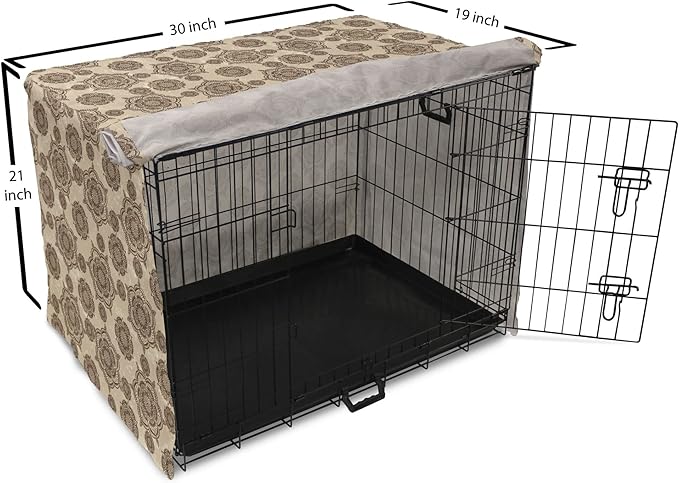 Lunarable Cream Dog Crate Cover, Vintage Eastern Inspired Design with Symmetrical Elements Abstract Flower Arrangement, Easy to Use Pet Kennel Cover for Cats & Medium Dogs, 30 Inch, Tan Brown