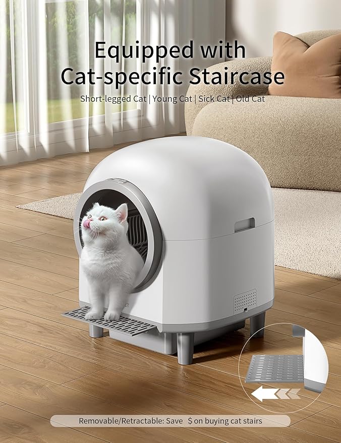 Automatic Cat Litter Box Self Cleaning with 10 Safety Radars,100L Smart Litter Box Used for 14 Days,Electric Litter Boxes with Stairs for Multiple Cats,APP-Control,Advanced Odor Control (White)