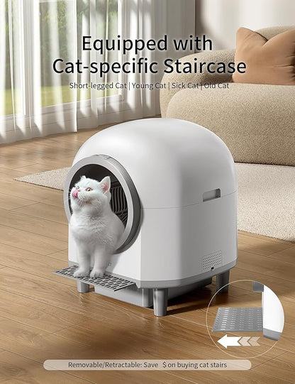 Automatic Cat Litter Box Self Cleaning with 10 Safety Radars,100L Smart Litter Box Used for 14 Days,Electric Litter Boxes with Stairs for Multiple Cats,APP-Control,Advanced Odor Control (White)