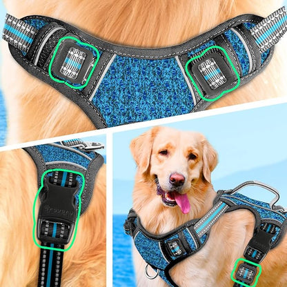BARKBAY No Pull Dog Harness Large Reflective Dog Harness with Front Clip and Easy Control Handle for Walking Training Running with ID tag Pocket(Blue/Black,S)