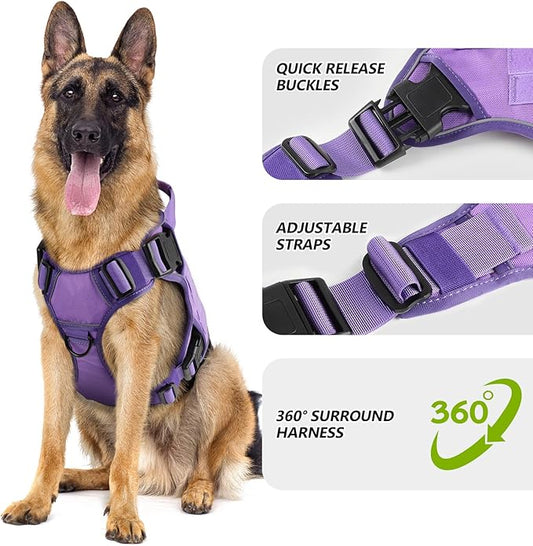 WINGOIN Purple Tactical Dog Harness for Small Dogs, Heavy Duty No Pull Harness with Handle, Adjustable Reflective Military K9 Pet Vest for French Bulldog, Pug, Walking, Training, Hunting (S)