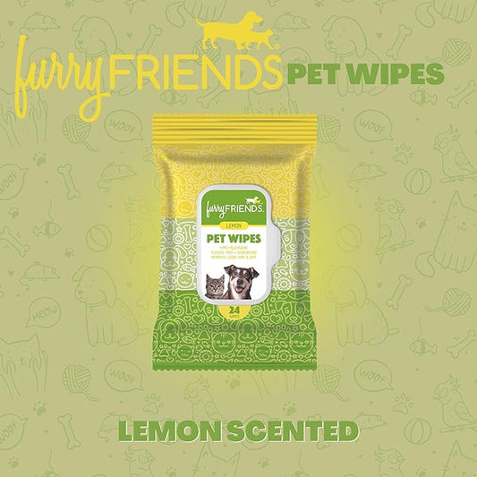 FurryFriends Pet Wipes | Lemon Scented | Hypo-allergenic | Alcohol Free| Deodorizing | Removes Loose Hair & Dirt | Incredibly Clean | 4 Pack