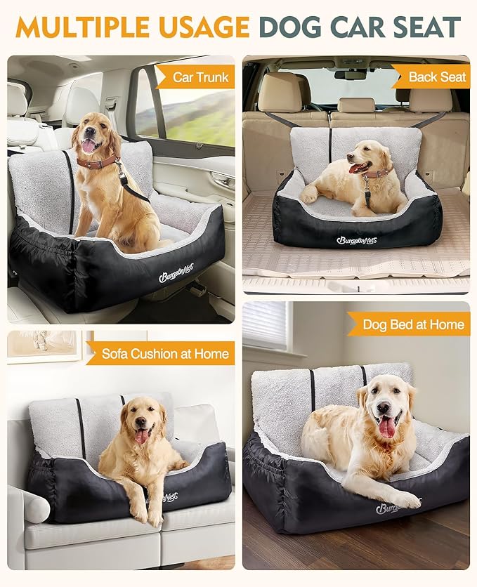 BurgeonNest Dog Car Seat for Small Dogs, Fully Detachable and Washable Dog Carseats Small Under 25, Soft Dog Booster Seats with Storage Pockets and Clip-On Leash Portable Dog Car Travel Carrier Bed