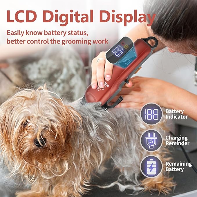 Dog Clippers for Grooming, Cordless,Low Noise, Electric Quiet,Rechargeable, Pet Hair Clippers for Thick Coats, Dog Trimmer Grooming Kit, Shaver for Small and Large Dogs Cats,Red