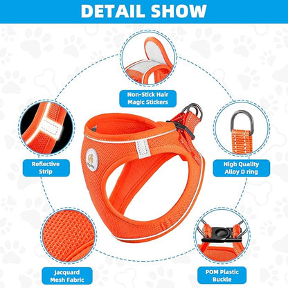 Dog Harness and Leash Set, No Pull Soft Mesh Puppy Harness for Small Medium Dogs, Cats - Step in Reflective Breathable Lightweight Vest Harness for Walking, Training - Orange, L