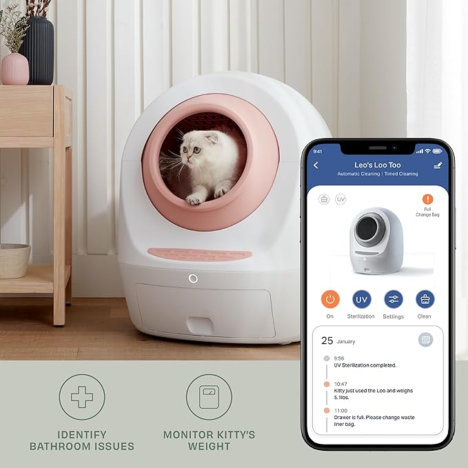 Casa Leo Leo’s Loo Too Self‑Cleaning Cat Litter Box – Wi‑Fi App & Voice Control, Quiet <30 dB, UV Odor Defense & Carbon Filter, Health Monitoring, Safety Sensors, Spacious 24″ × 22″ × 27.6″