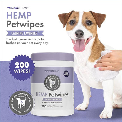 Petkin Hemp Pet Wipes for Dogs and Cats - with Hemp Oil & Calming Lavender Scent, 200 Count - Soothes, Calms & Conditions - Wipes for Pet's Face, Eyes and Body - for Home or Travel
