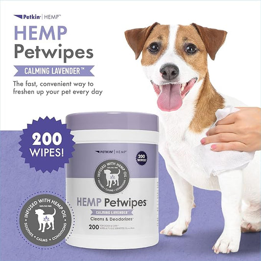 Petkin Hemp Pet Wipes for Dogs and Cats - with Hemp Oil & Calming Lavender Scent, 200 Count - Soothes, Calms & Conditions - Wipes for Pet's Face, Eyes and Body - for Home or Travel
