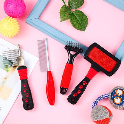 4 Pieces Pet Grooming Kit - Dematting Combs, Slicker Brush, and Steel Comb for Removing Knots and Hair from Dogs, Cats, and Poodles