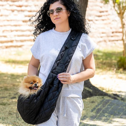 Dog and Cat Sling Carrier for Small Medium Puppy & Kitten Carrying, Wearable Crossbody Purse Bag with Adjustable Size and Shoulder Strap, Safety Clip, Two Zip Pockets (Black)