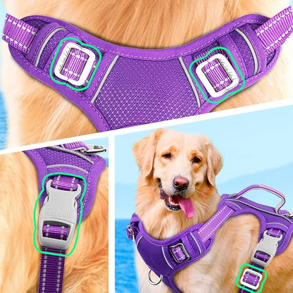 BARKBAY No Pull Dog Harness Large Reflective Dog Harness with Front Clip and Easy Control Handle for Walking Training Running with ID tag Pocket(Purple,L)