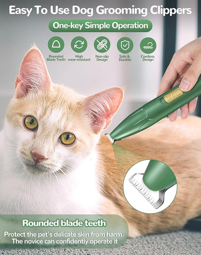 LEYOUFU Dog Clippers for Grooming, 2 Speed Low Noise Cordless Dog Paw Trimmer, Rechargeable Small Pet Hair Trimmer for Grooming, Cat Hair Clippers Shaver for Paws, Eyes, Ears, Face, Rump (Green)