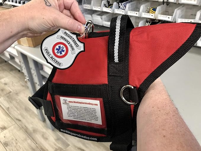 “Registered Service Dog” Identification Patch Tag | Clips on Service Dog Vest, Harness, Collar, Leash or Carrier | Includes Five Service Dog Handout Cards