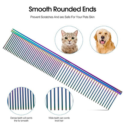 ROPO Dog Comb for Removing Matted Fur - Pet Dematting Comb with Rounded Teeth and Non-Slip Grip Handle - Prevents Knots and Mats for Long and Short Haired Pets (Round handle, Colour)