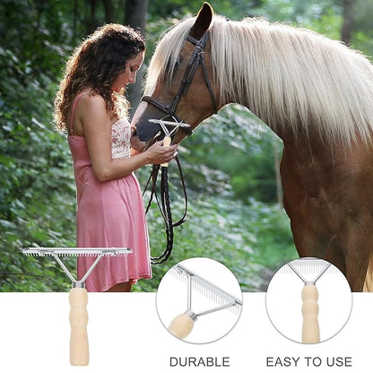 iplusmile Dematting Brush Rake Comb - Gentle Undercoat Scrubber for Horses, Dogs with Shedding Fur, and Pet Grooming, Wood Handle
