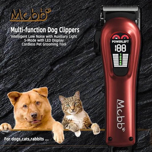 Dog Clippers- Low Noise Dog Grooming Kits 5-Mode Heavy-Duty Dog Clippers for Grooming with LED Display,Rechargeable Dog Grooming Kits, Auxiliary Light,Cordless Pet Grooming Tool