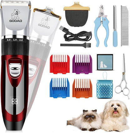 Dog Clippers Grooming Kit and Paw Trimmer,Low Noise, Electric Quiet,Rechargeable,Cordless, Pet Hair Clippers for Thick Coats,Dog Trimmer Grooming Tool,Shaver for Small and Large Dogs Cats,Red
