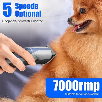 Cordless Cat & Dog Shaver, 5 Speed Low Noise Hair Clippers, Metal Blade & 8 Ceramic Comb Trimmer, Blue