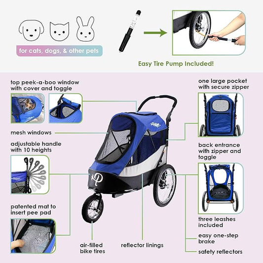 Petique Trailblazer Pet Jogger/Stroller, Bike Trailer, Shock Absorbing Bike Wheels, Large Entry Way, Peek-a-Boo Window, Small/Medium/Large Dogs, Cats and Pets, Supports up to 77LBS - Atlas (Blue)