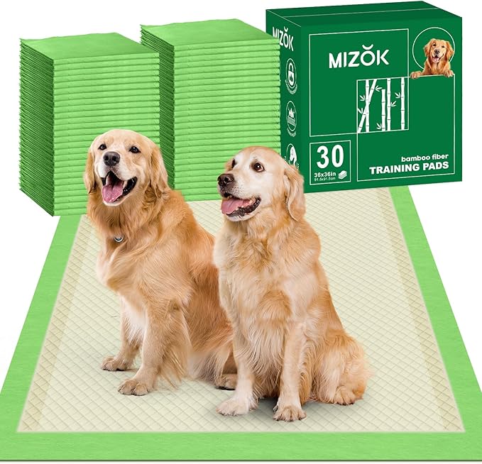 MIZOK Dog Pee Pads 36x36in Dog Pads XXL with Bamboo Odor Eliminating 11 Cups Super Absorbent 6-Layer Leak-Proof Puppy Pads with Adhesive Stickers, Disposable (30 Counts)