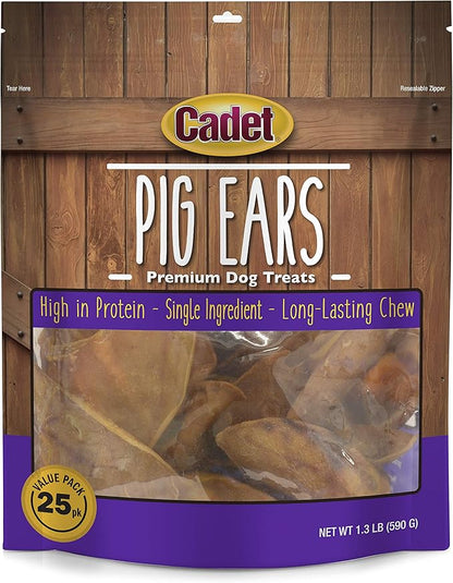 Cadet Natural Pig Ears for Dogs, Long Lasting & Natural Chew Treats for Dogs, 25 Count